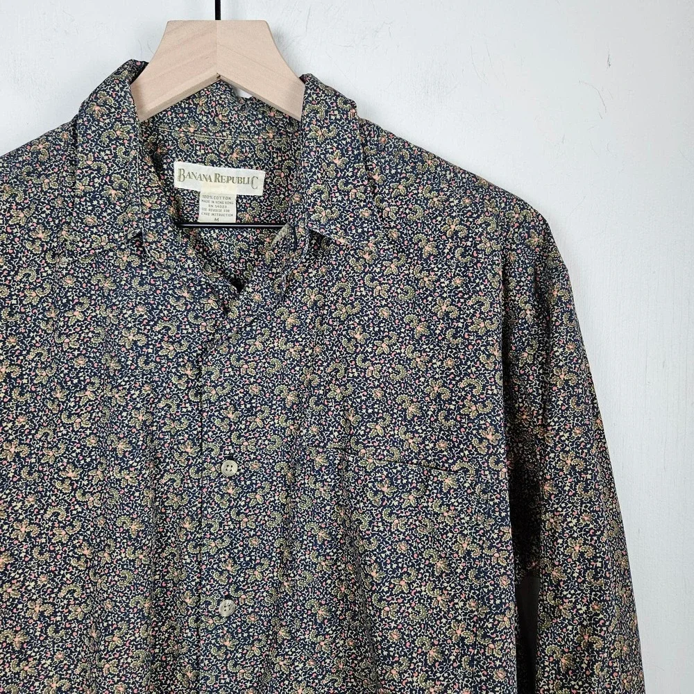 Vintage 80s Banana Republic Paisley Button Down Men's M‎ Navy Long Sleeve Shirt